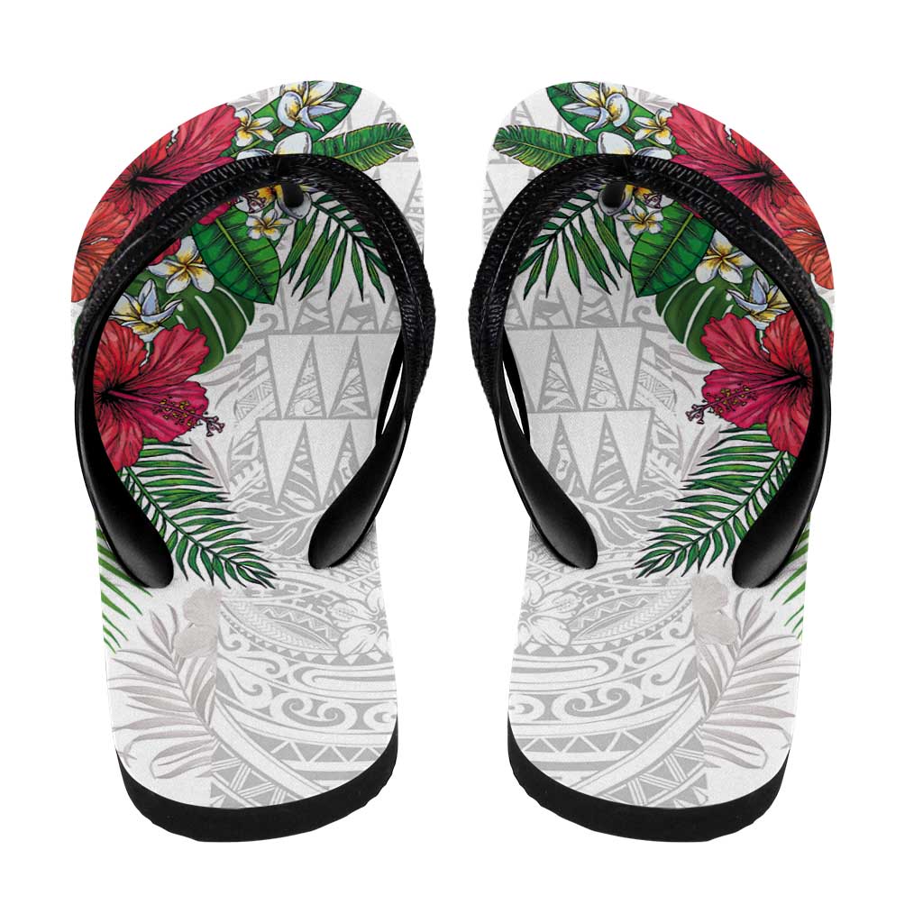 Hawaiian Tropical Plants Flip Flops Kakau Tattoo and Polynesian Pattern Half Black White