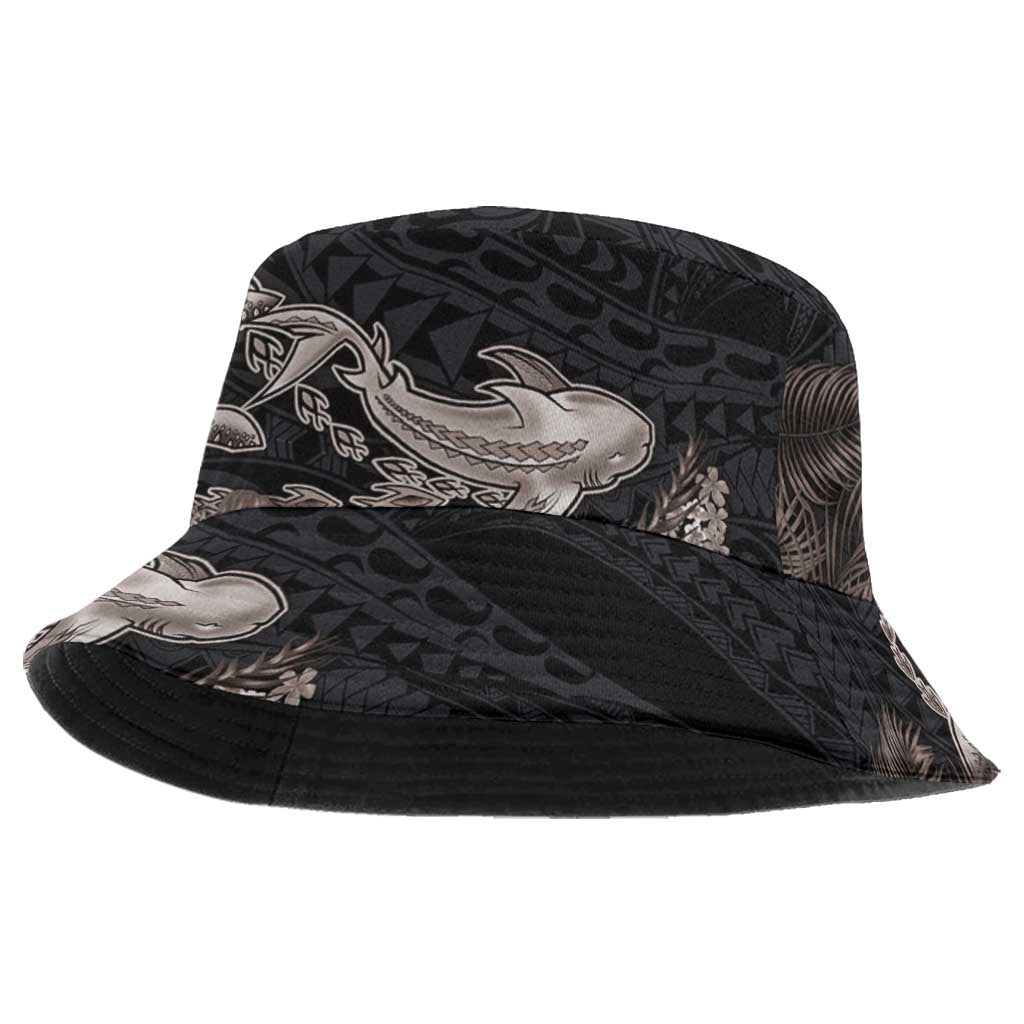 Hawaiian Tropical Plants Turtle and Shark Bucket Hat Polynesian Art Tattoo Grayscale Color LT03