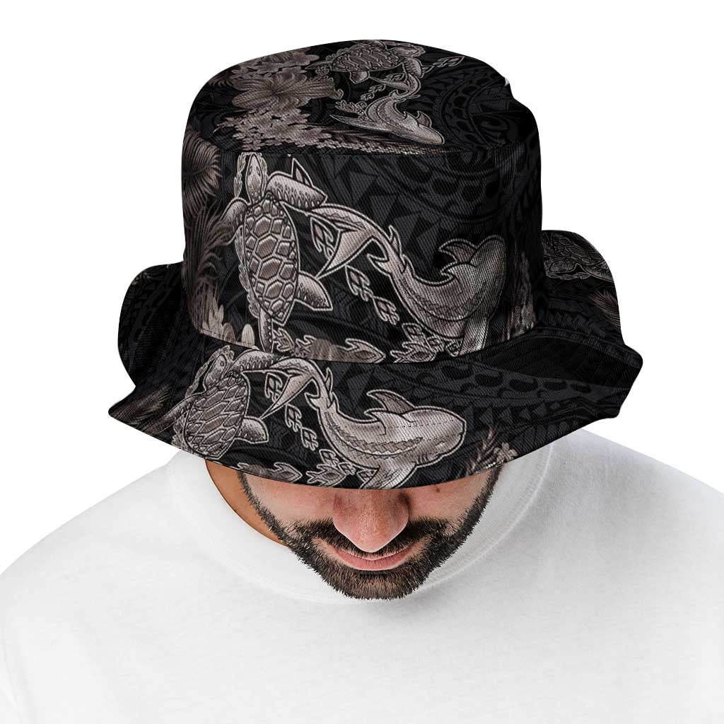 Hawaiian Tropical Plants Turtle and Shark Bucket Hat Polynesian Art Tattoo Grayscale Color LT03