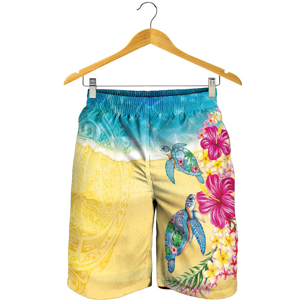Hawaiian Tropical Plants Turtles Shorts for Men Watercolor Style - Polynesian Pride