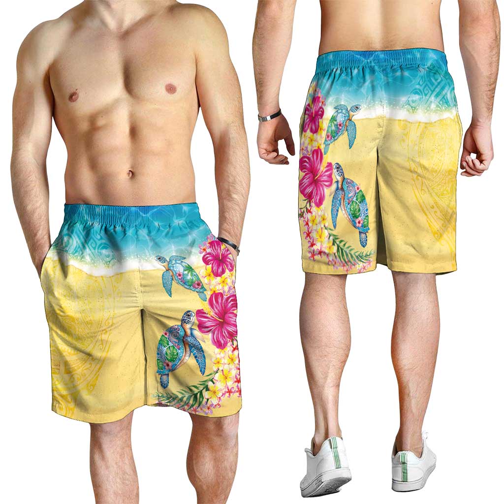Hawaiian Tropical Plants Turtles Shorts for Men Watercolor Style - Polynesian Pride