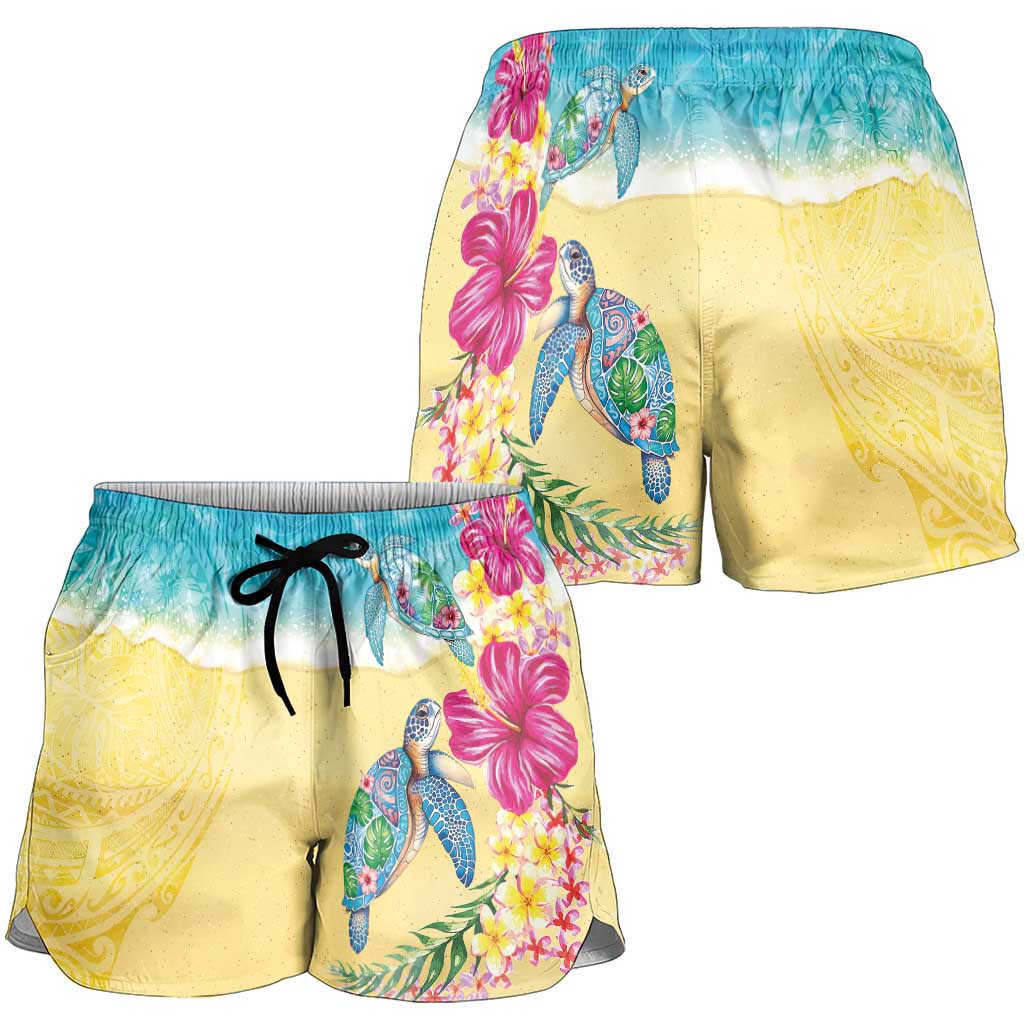 Hawaiian Tropical Plants Turtles Shorts for Women Watercolor Style - Polynesian Pride