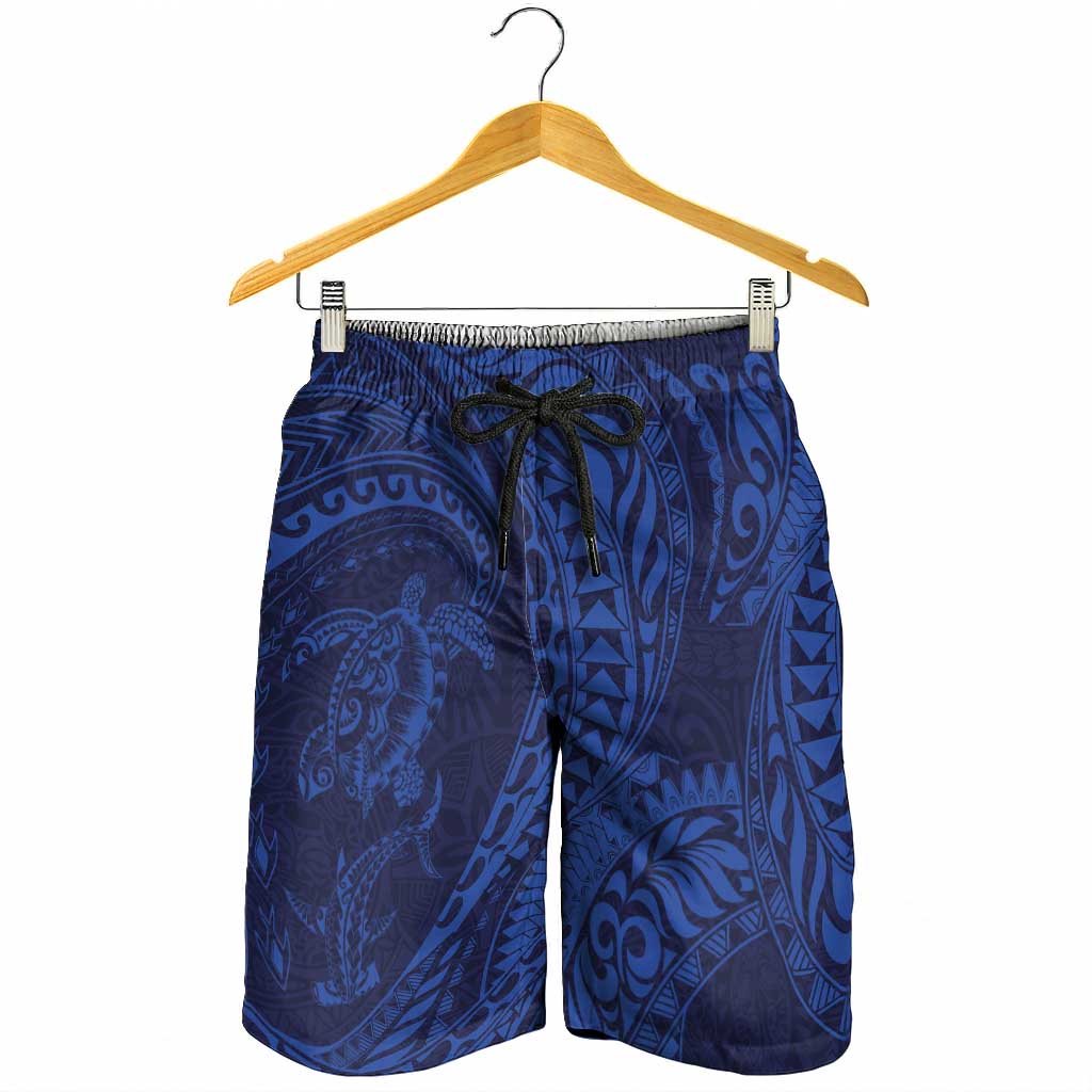 Hawaiian Turtle and Shark Shorts for Men Kakau Tribal with Polynesian Pattern Blue Color LT03 - Polynesian Pride
