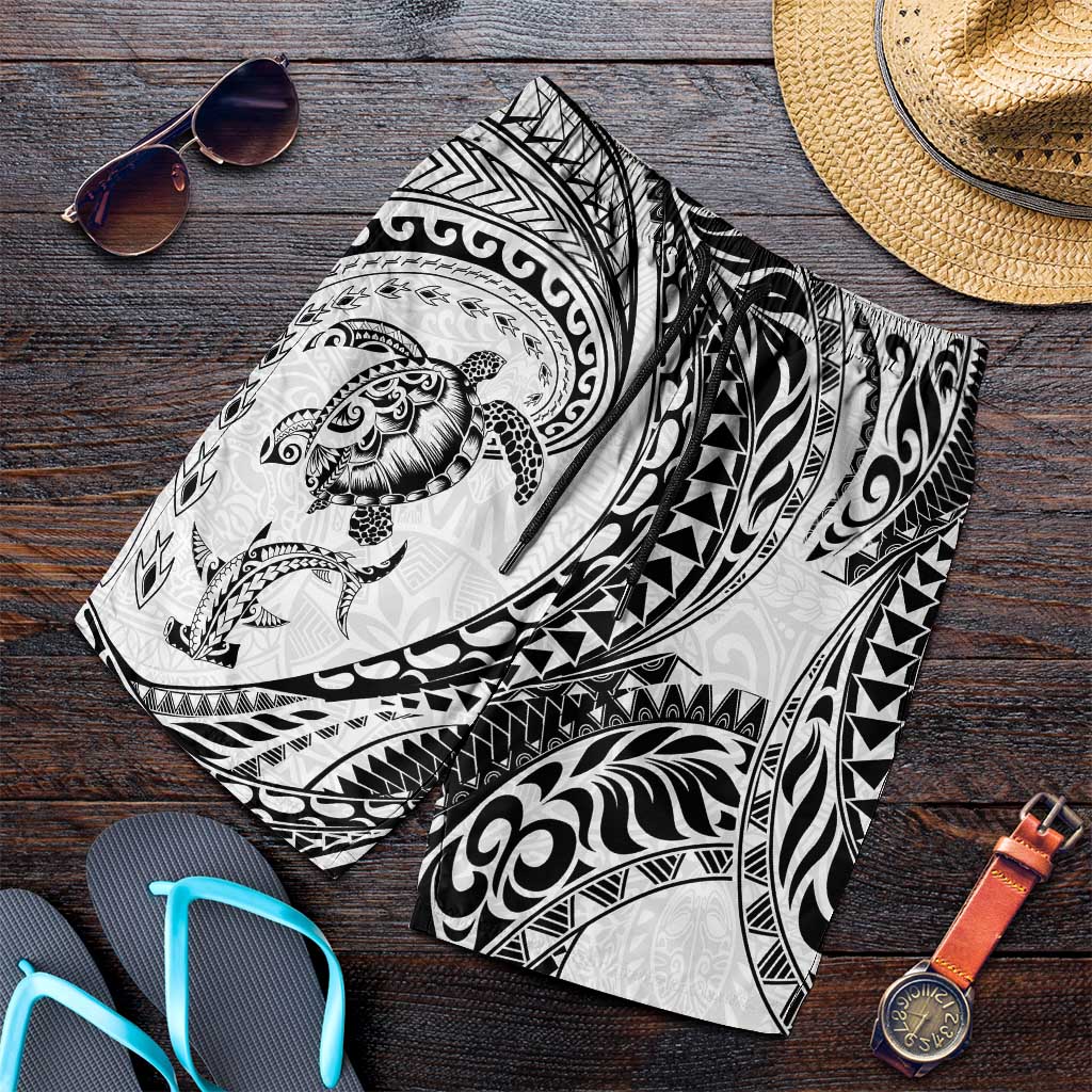 Hawaiian Turtle and Shark Shorts for Men Kakau Tribal with Polynesian Pattern White Color LT03 White - Polynesian Pride