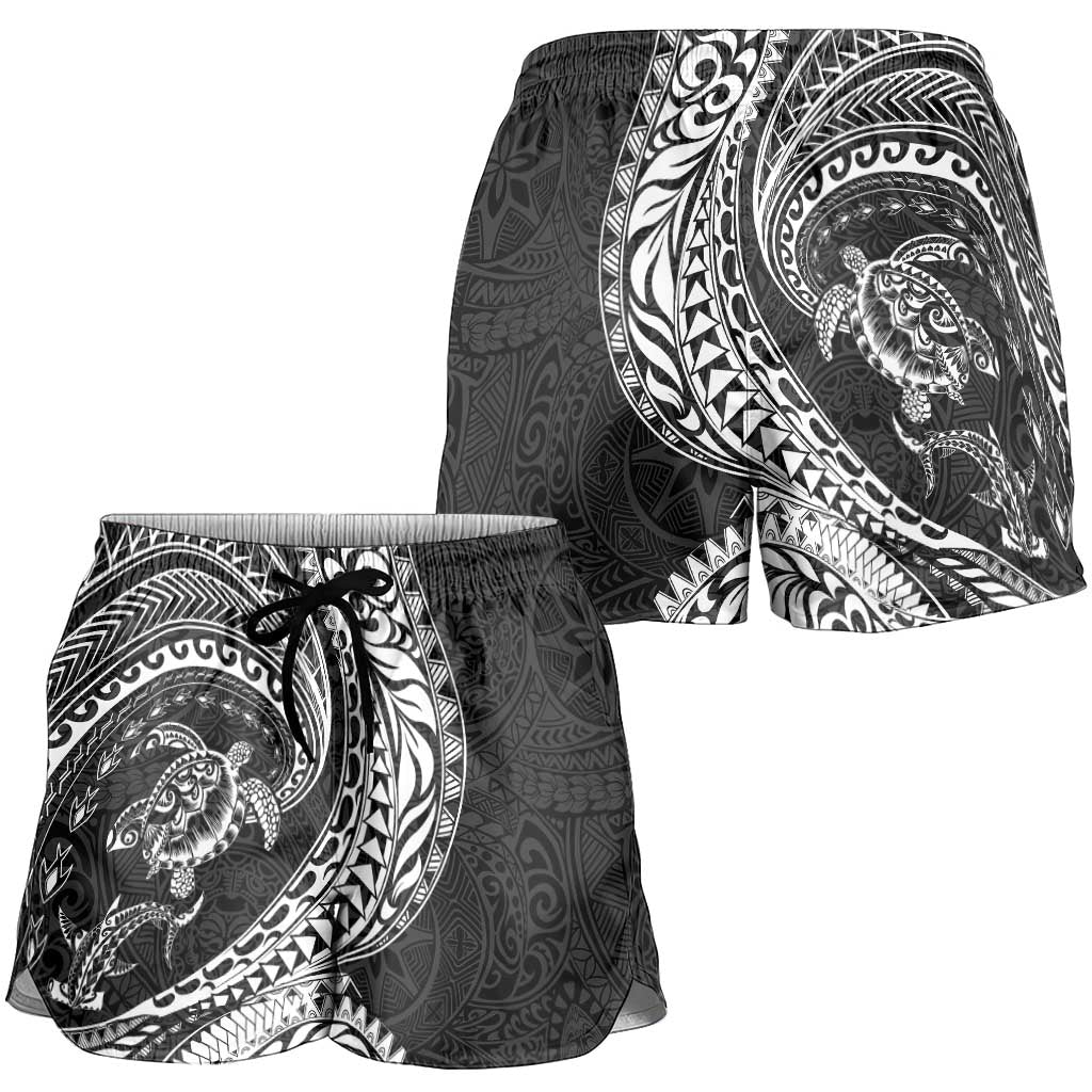 Hawaiian Turtle and Shark Shorts for Women Kakau Tribal with Polynesian Pattern Black Color