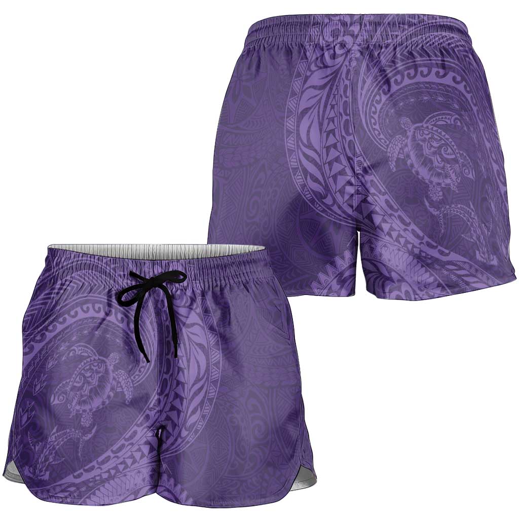 Hawaiian Turtle and Shark Shorts for Women Kakau Tribal with Polynesian Pattern Purple Color LT03 - Polynesian Pride