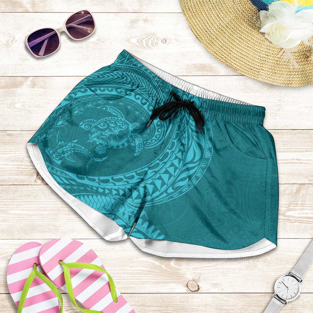Hawaiian Turtle and Shark Shorts for Women Kakau Tribal with Polynesian Pattern Turquoise Color LT03 Turquoise - Polynesian Pride