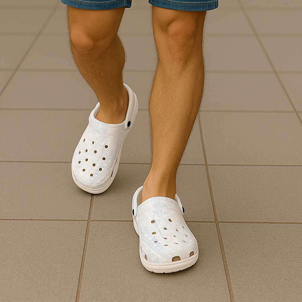 Hawaiian Turtles and Leis Clogs Shoes Tribal Kakau Pattern Airy White Blue Cloud Vibe