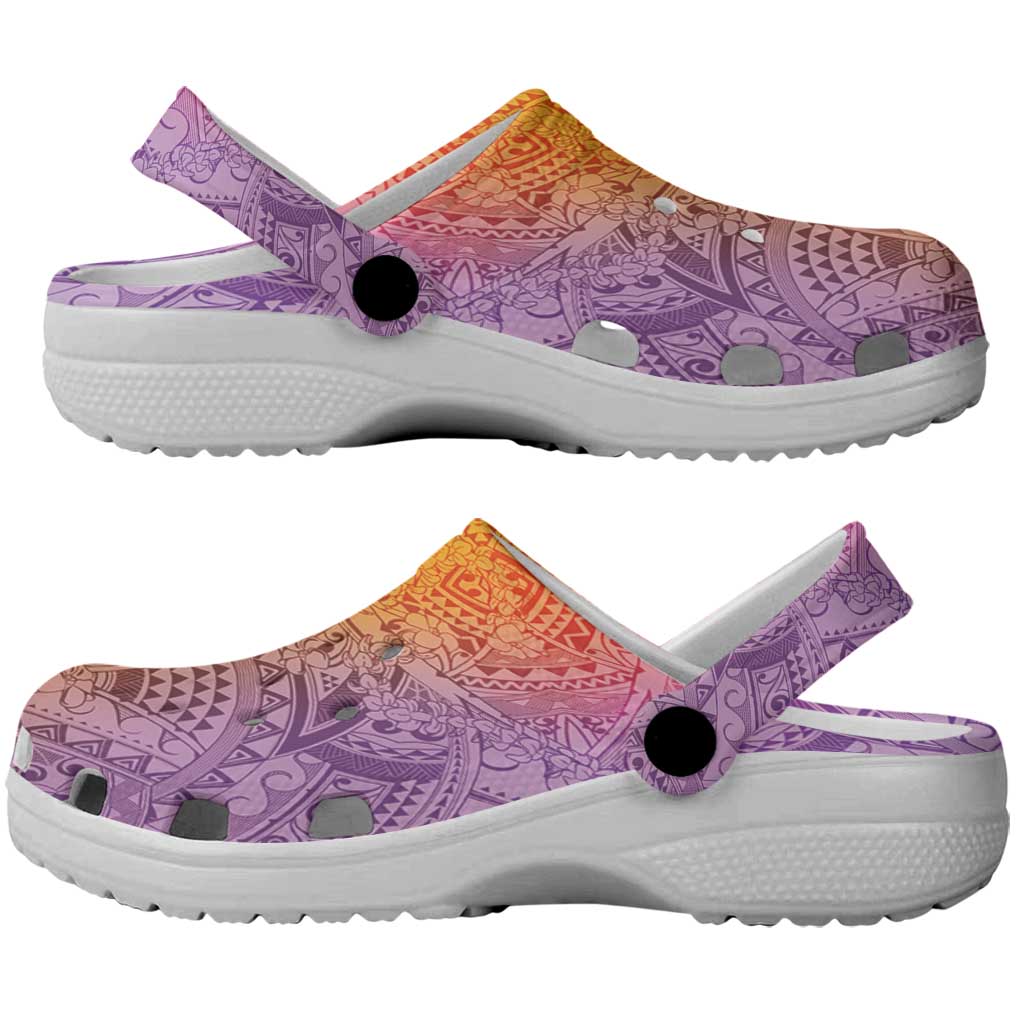 Hawaiian Turtles and Leis Clogs Shoes Tribal Kakau Pattern Magical Rainbow Sky