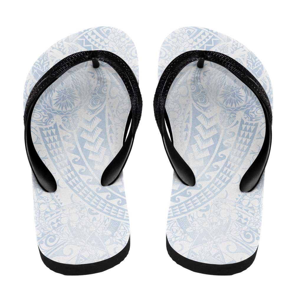 Hawaiian Turtles and Leis Flip Flops Tribal Kakau Pattern Airy White Blue Cloud Vibe