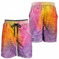 Hawaiian Turtles and Leis Shorts for Men Tribal Kakau Pattern Magical Rainbow Sky