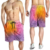 Hawaiian Turtles and Leis Shorts for Men Tribal Kakau Pattern Magical Rainbow Sky