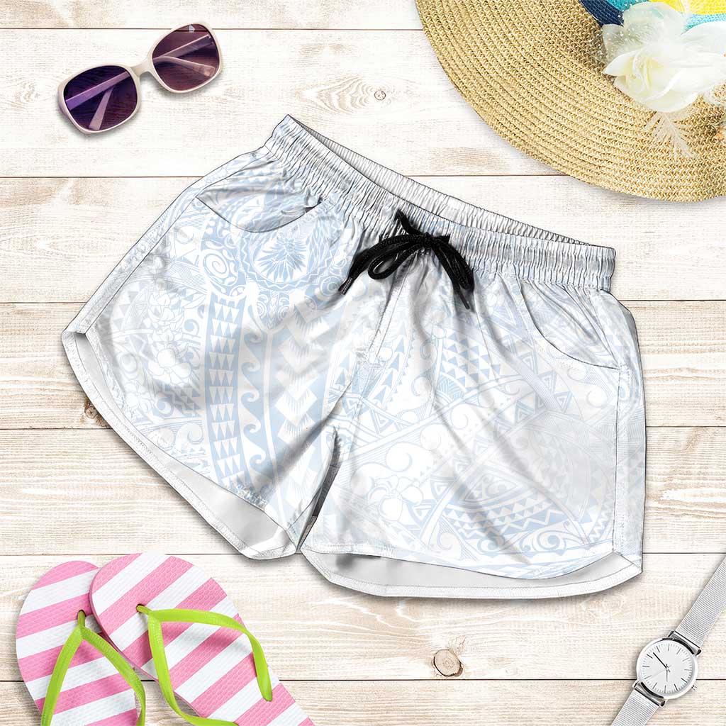 Hawaiian Turtles and Leis Shorts for Women Tribal Kakau Pattern Airy White Blue Cloud Vibe LT03 White - Polynesian Pride