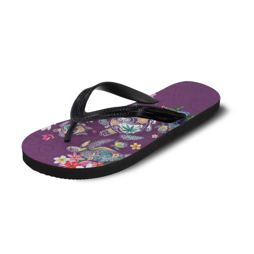 Hawaiian Turtles and Tropical Plants Flip Flops Purple Watercolor