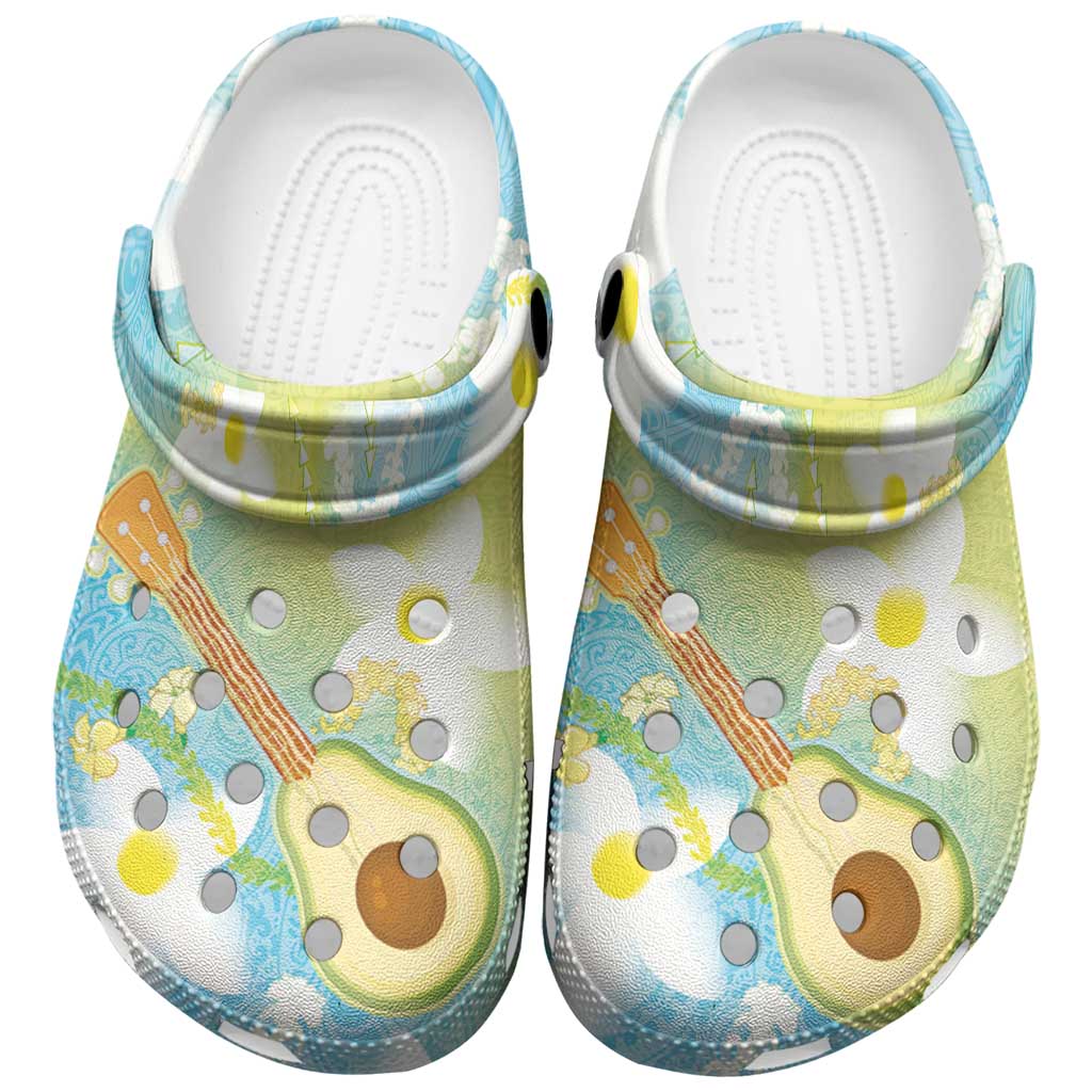Hawaiian Ukulele Avocado Clogs Shoes Leis and Polynesian Pattern