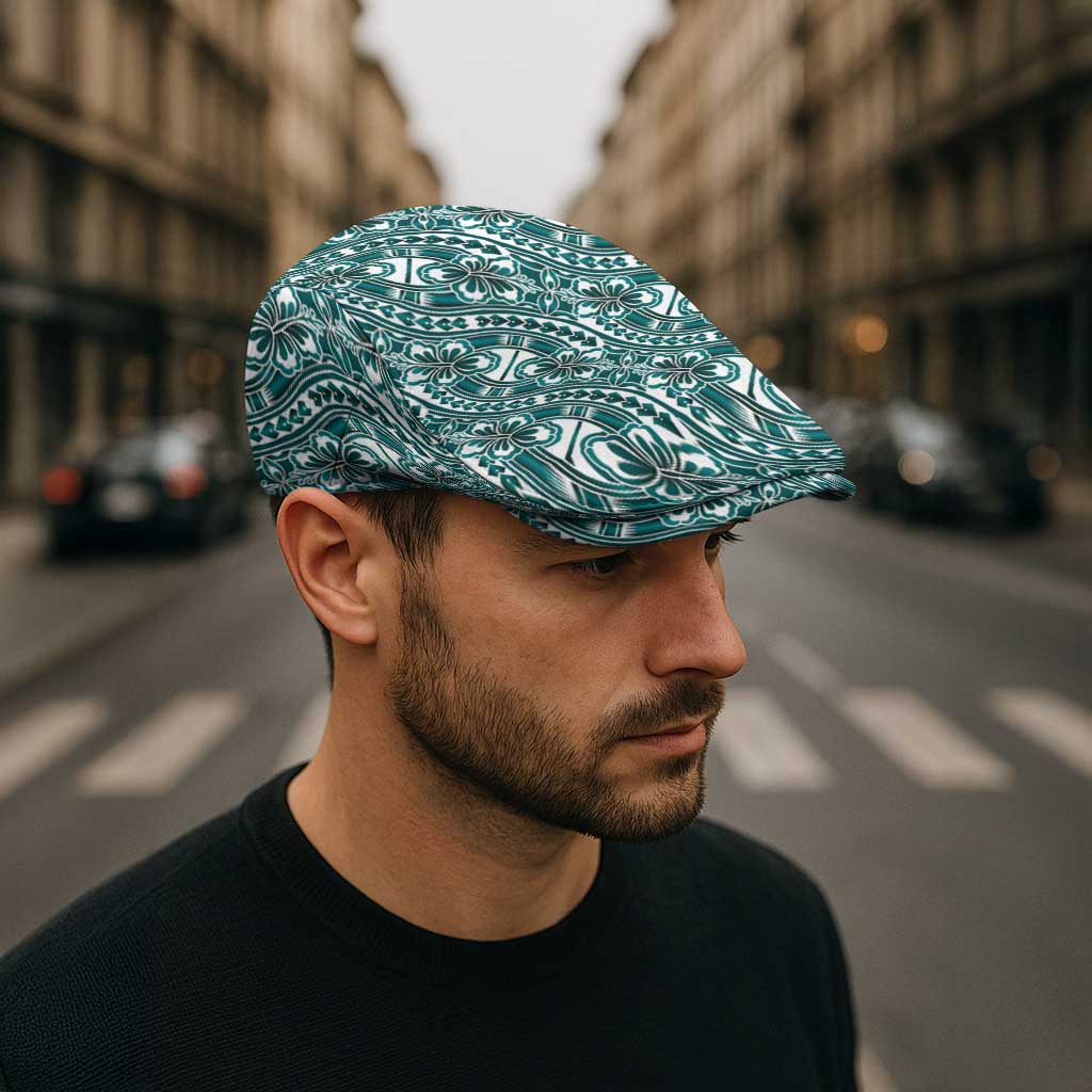 Hibiscus Bloom Island Tribal Waves Jeff Hat Teal Polynesian Pattern LT01 - Polynesian Pride