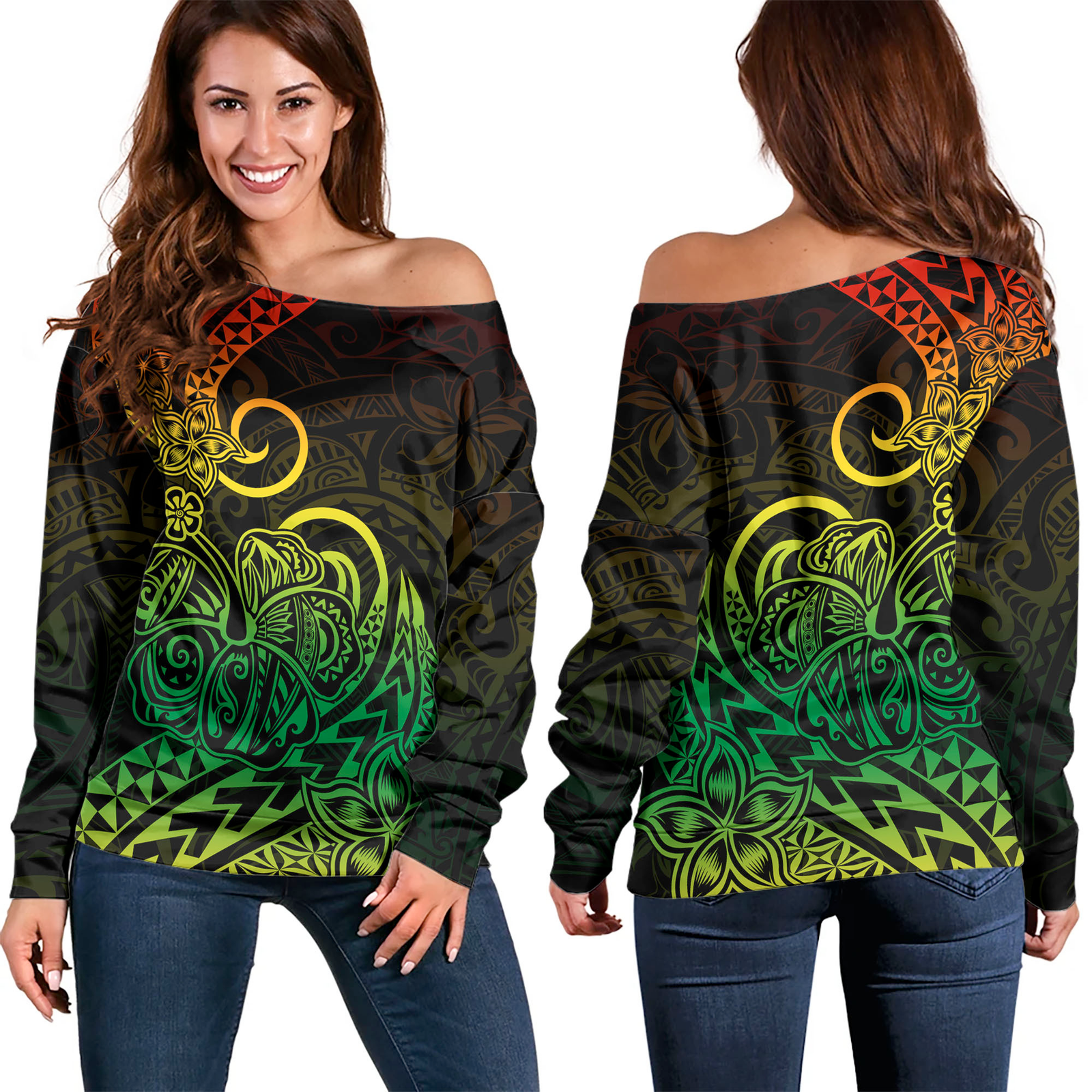 Polynesian Tribal Tattoo Off Shoulder Sweater Reggae LT9