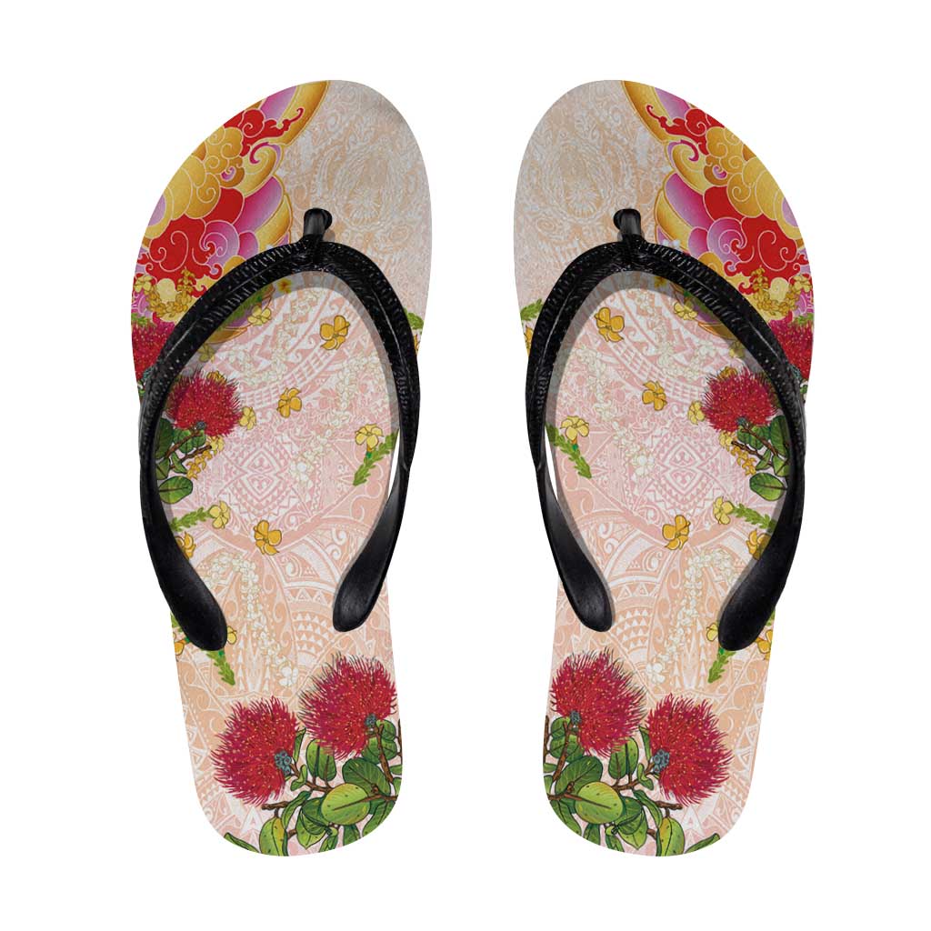 Japanese and Hawaiian Culture Fusion Flip Flops Irezumi with Turtles and Lei Kakau Pattern Sunset Vibe LT03 Multicolor - Polynesian Pride