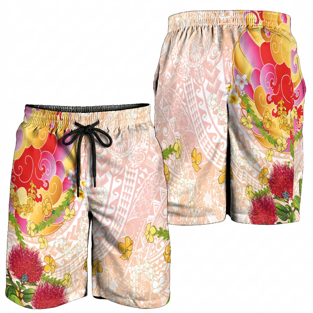 Japanese and Hawaiian Culture Fusion Shorts for Men Irezumi with Turtles and Lei Kakau Pattern Sunset Vibe LT03 - Polynesian Pride