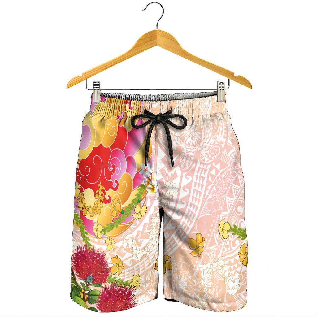 Japanese and Hawaiian Culture Fusion Shorts for Men Irezumi with Turtles and Lei Kakau Pattern Sunset Vibe LT03 - Polynesian Pride