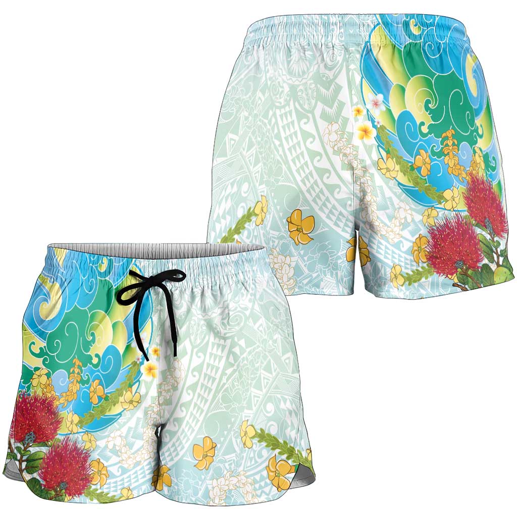 Japanese and Hawaiian Culture Fusion Shorts for Women Irezumi with Turtles and Lei Kakau Pattern Fresh Vibe LT03 - Polynesian Pride