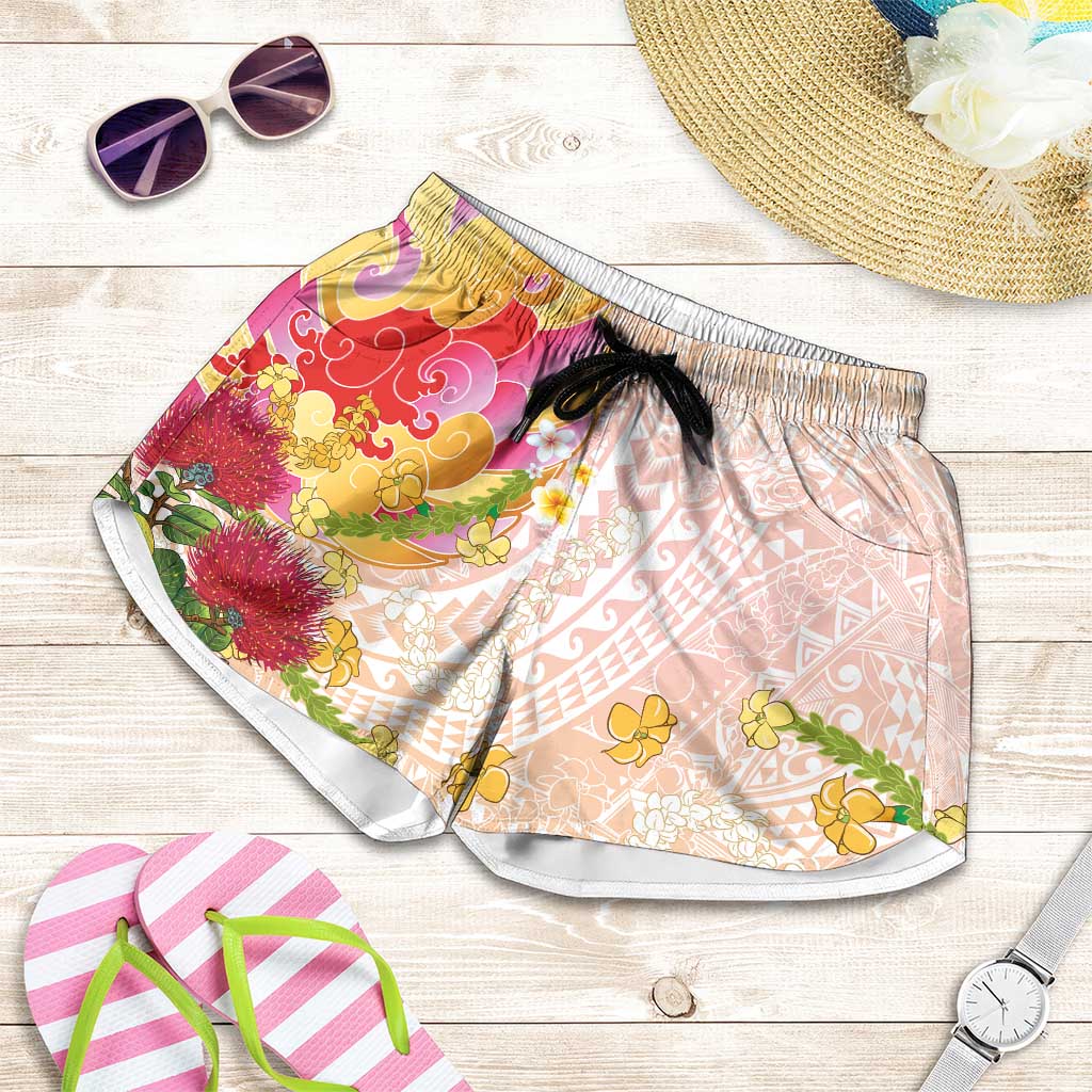Japanese and Hawaiian Culture Fusion Shorts for Women Irezumi with Turtles and Lei Kakau Pattern Sunset Vibe LT03 Multicolor - Polynesian Pride