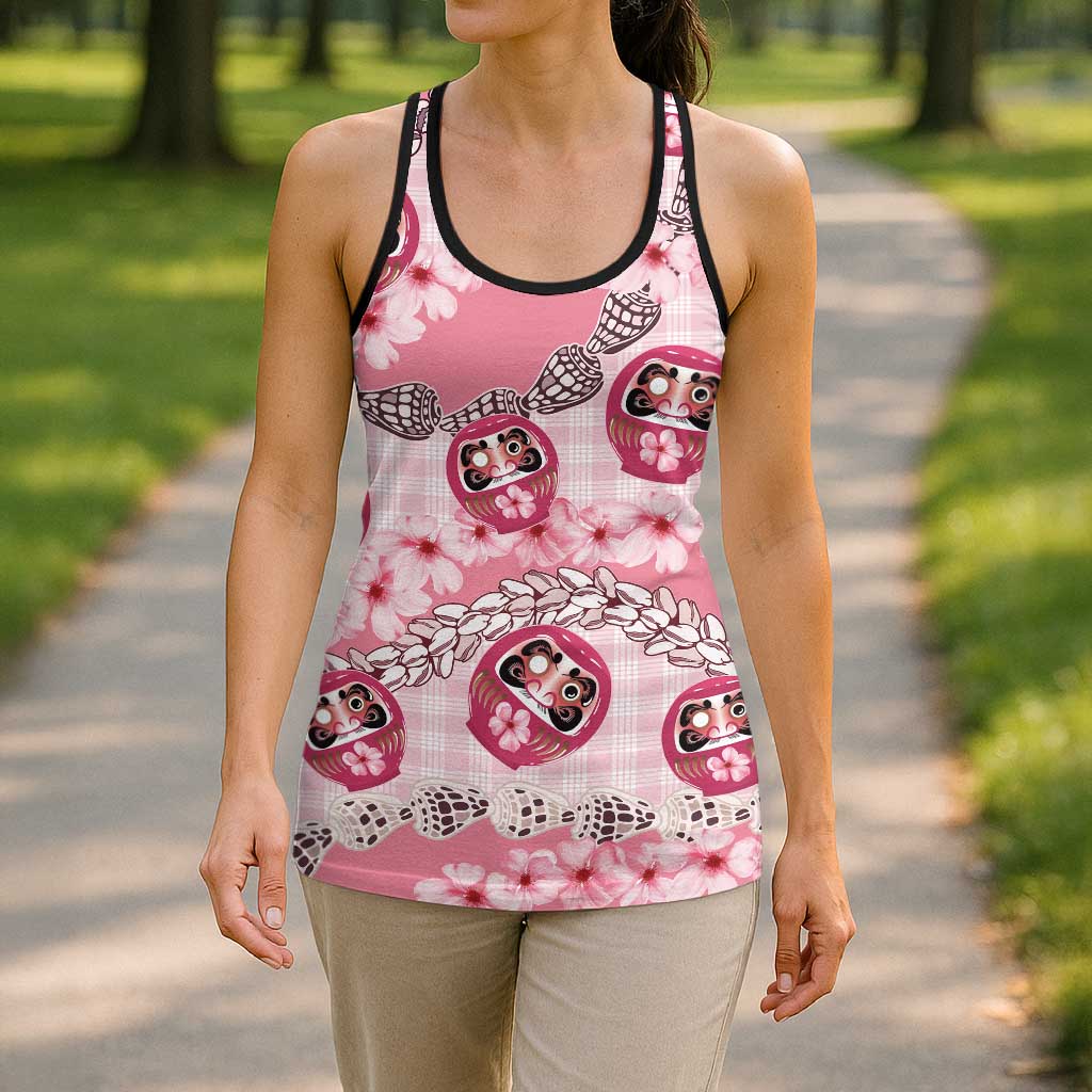Japanese Daruma Doll Palaka Hollow Tank Top Cherry Blossoms With Shell Lei LT14 - Polynesian Pride