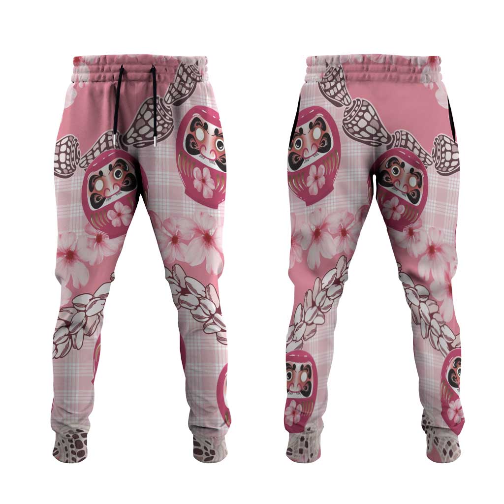 Japanese Daruma Doll Palaka Jogger Pants Cherry Blossoms With Shell Lei LT14 Pink - Polynesian Pride