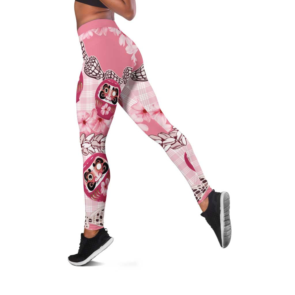 Japanese Daruma Doll Palaka Leggings Cherry Blossoms With Shell Lei LT14 Pink - Polynesian Pride