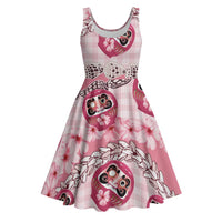 Japanese Daruma Doll Palaka Midi Dress Cherry Blossoms With Shell Lei LT14 Pink - Polynesian Pride