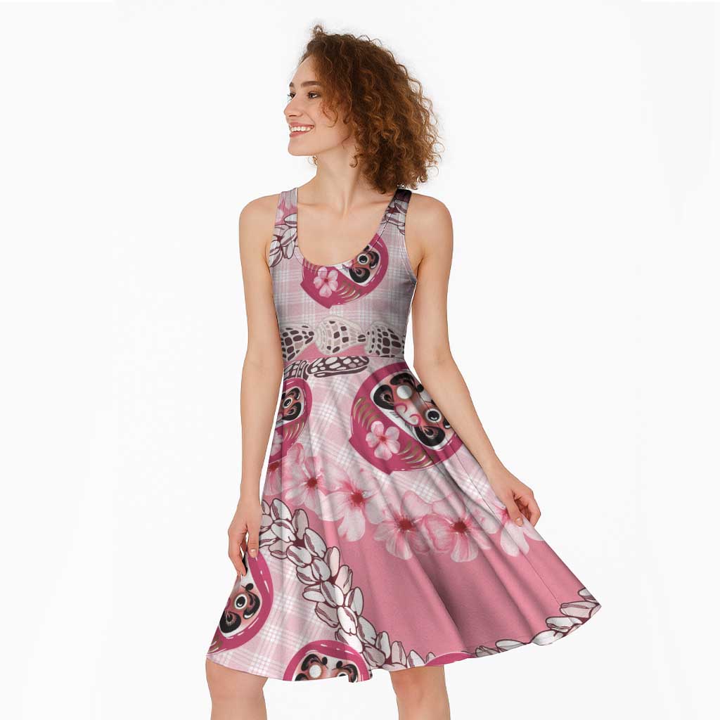 Japanese Daruma Doll Palaka Midi Dress Cherry Blossoms With Shell Lei LT14 - Polynesian Pride