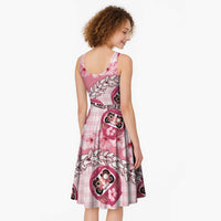 Japanese Daruma Doll Palaka Midi Dress Cherry Blossoms With Shell Lei LT14 - Polynesian Pride