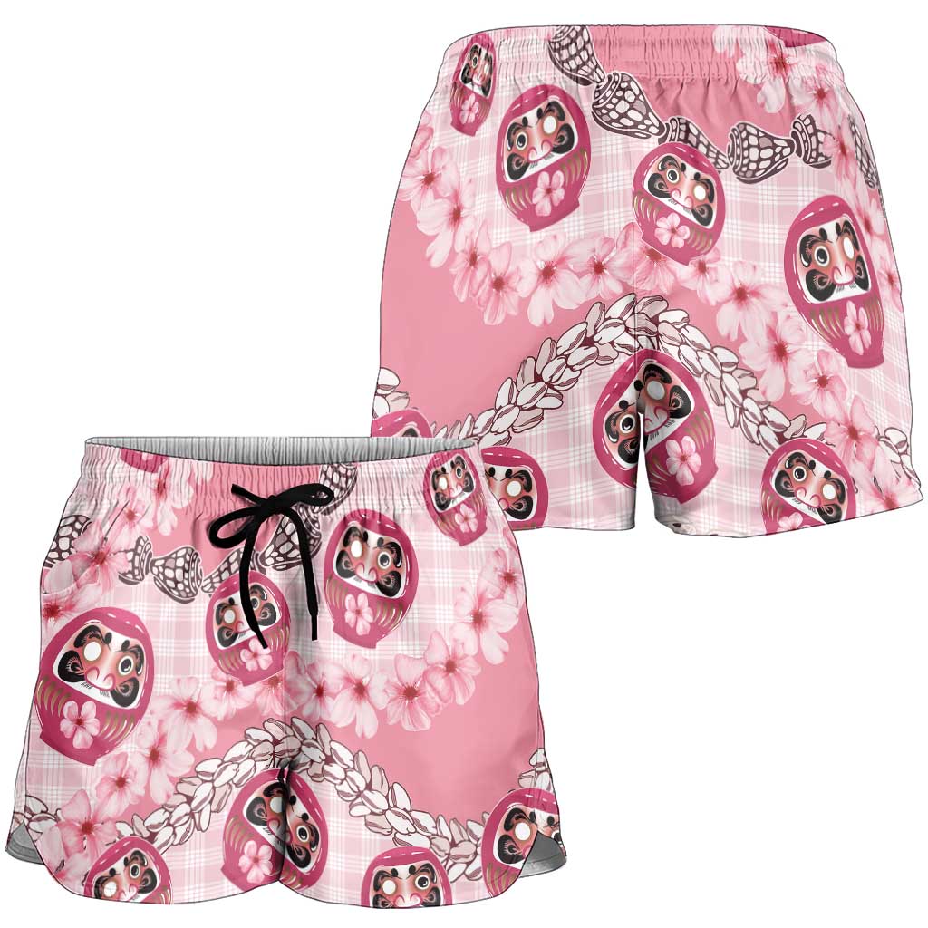 Japanese Daruma Doll Palaka Shorts for Women Cherry Blossoms With Shell Lei LT14 - Polynesian Pride
