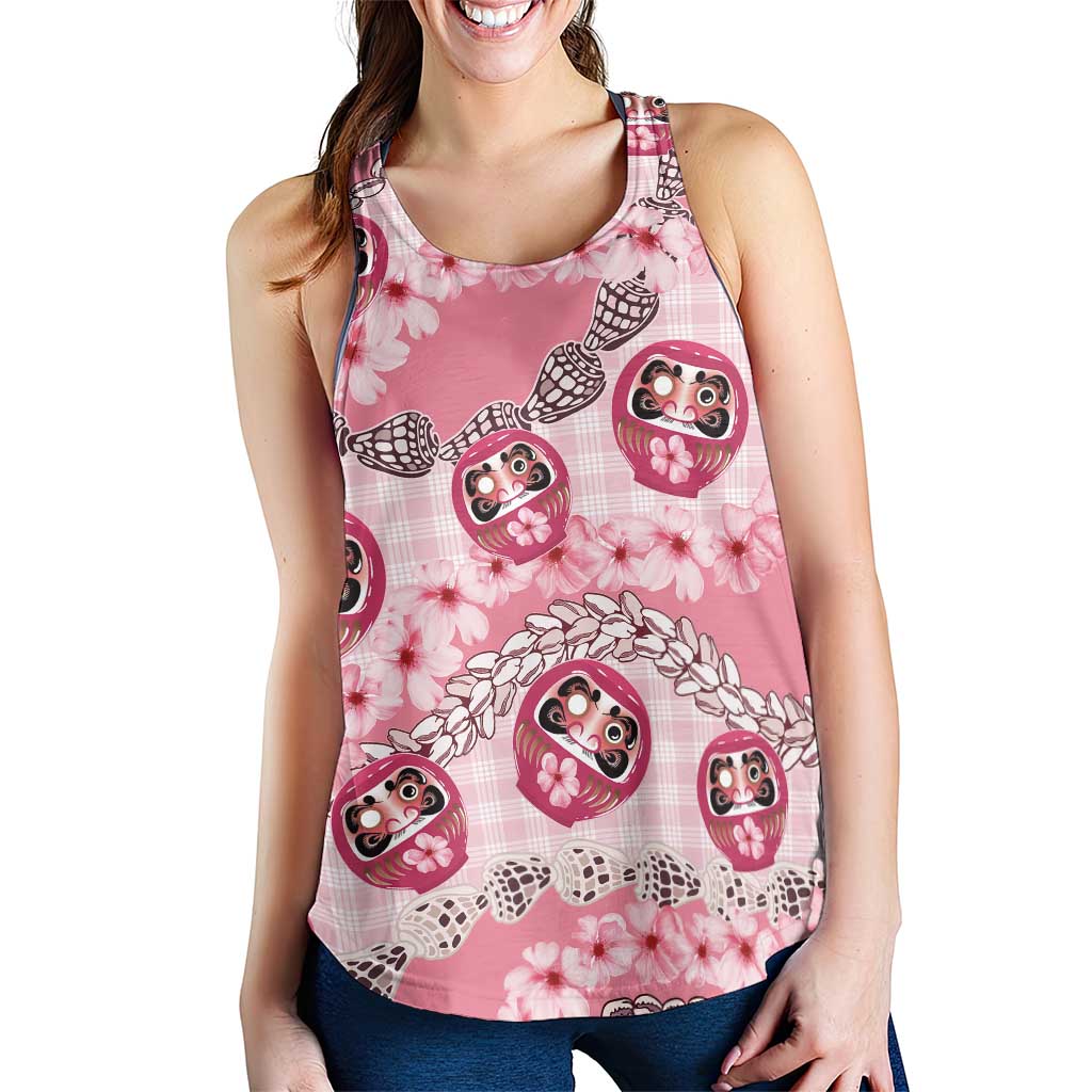 Japanese Daruma Doll Palaka Women Racerback Tank Cherry Blossoms With Shell Lei LT14 - Polynesian Pride