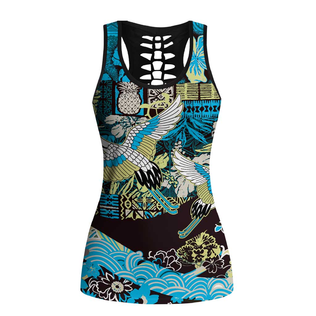 Japanese Hawaiian Crane Hollow Tank Top Blue Tapa Patchwork Pattern