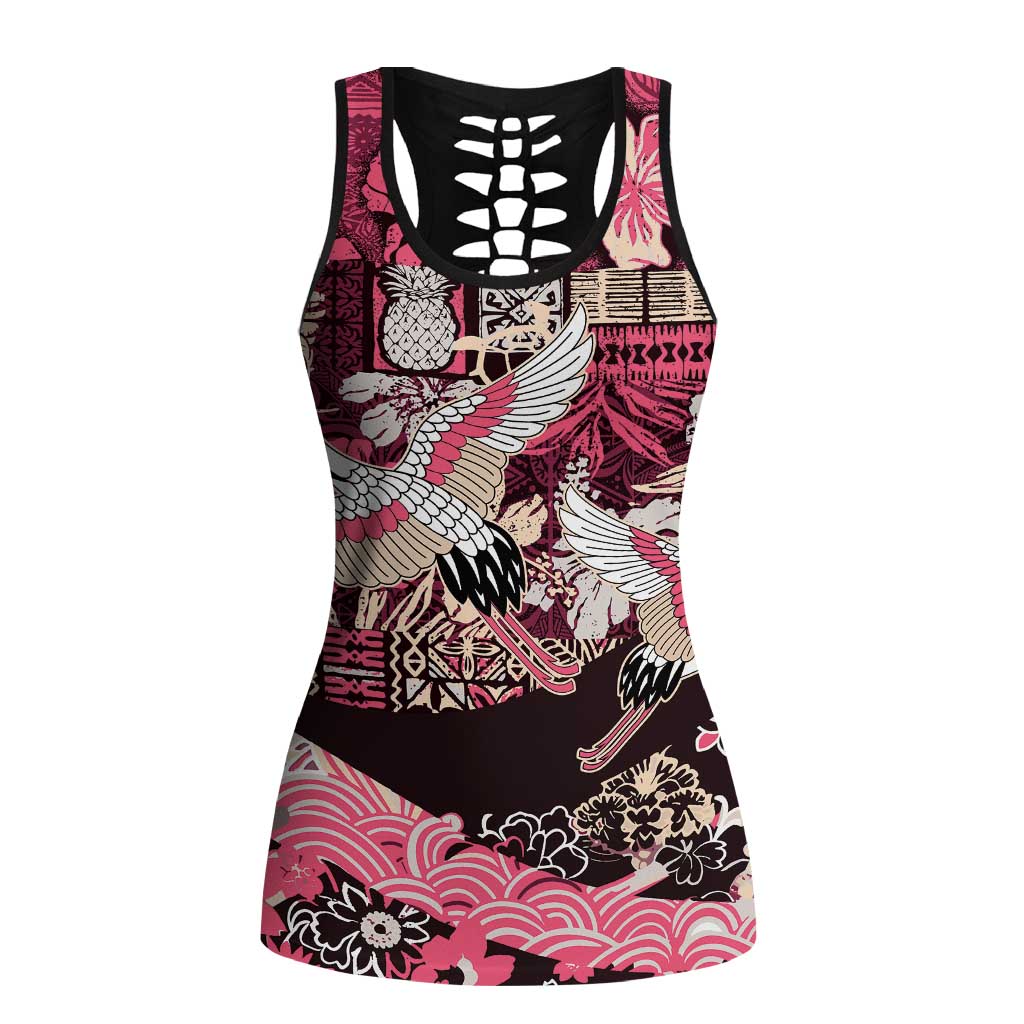 Japanese Hawaiian Crane Hollow Tank Top Soft Pink Tapa Patchwork Pattern