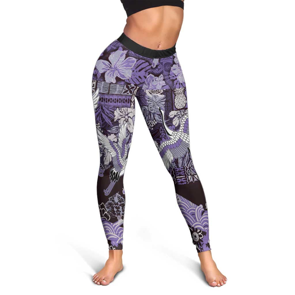 Japanese Hawaiian Crane Leggings Purple Tapa Patchwork Pattern