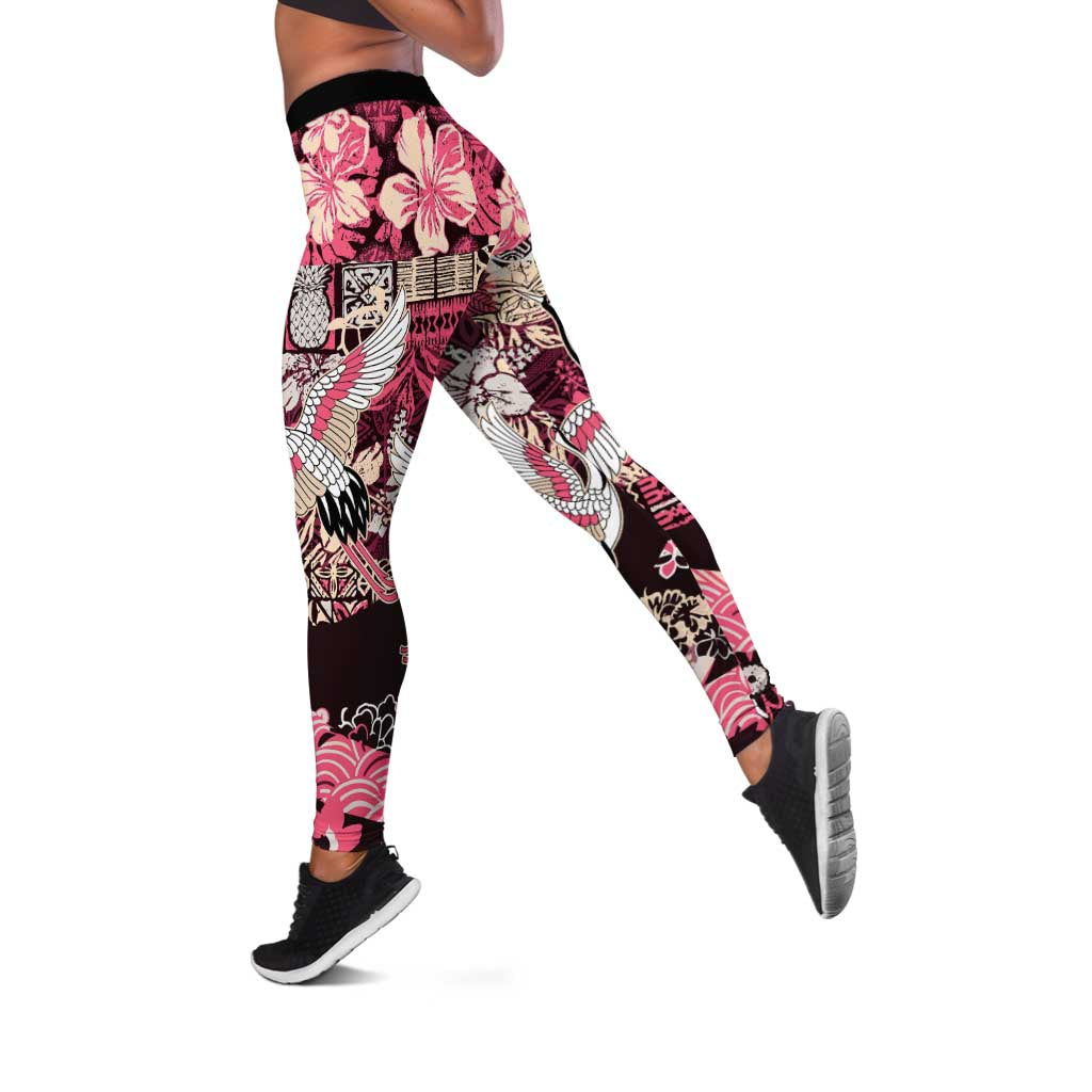 Japanese Hawaiian Crane Leggings Soft Pink Tapa Patchwork Pattern