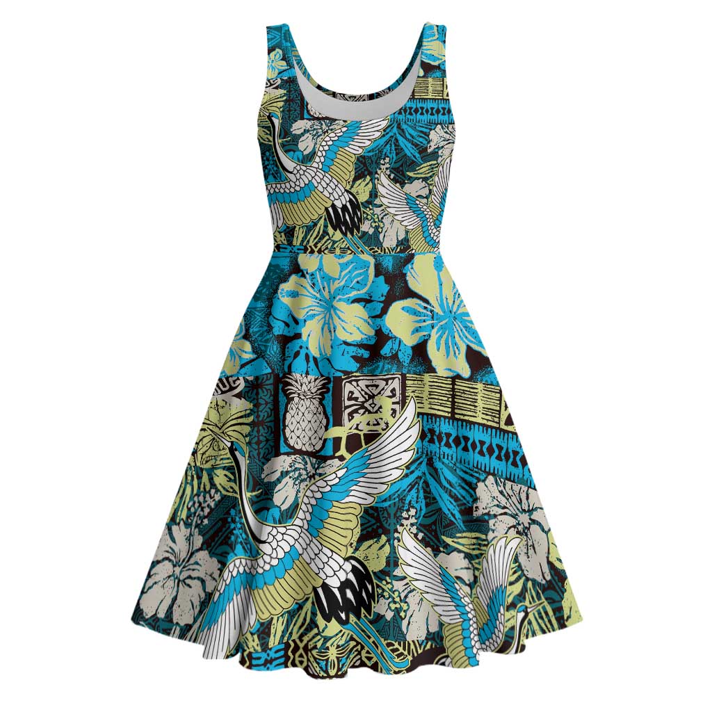 Japanese Hawaiian Crane Midi Dress Blue Tapa Patchwork Pattern