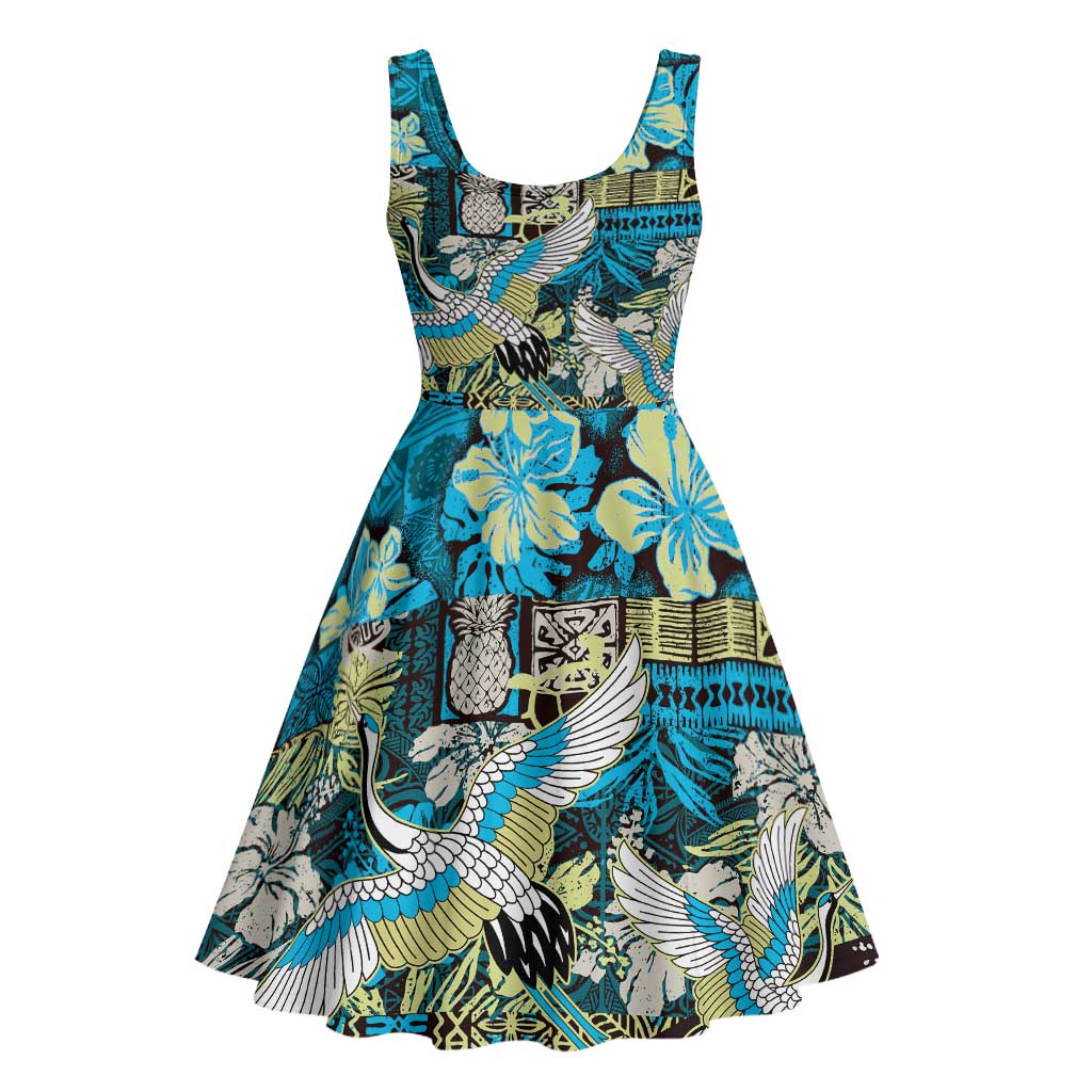 Japanese Hawaiian Crane Midi Dress Blue Tapa Patchwork Pattern