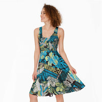 Japanese Hawaiian Crane Midi Dress Blue Tapa Patchwork Pattern