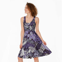 Japanese Hawaiian Crane Midi Dress Purple Tapa Patchwork Pattern