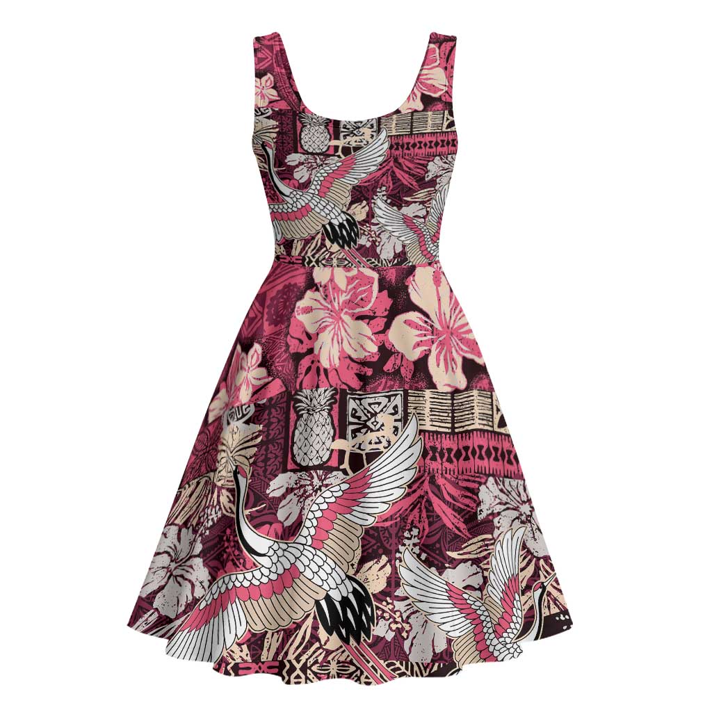 Japanese Hawaiian Crane Midi Dress Soft Pink Tapa Patchwork Pattern