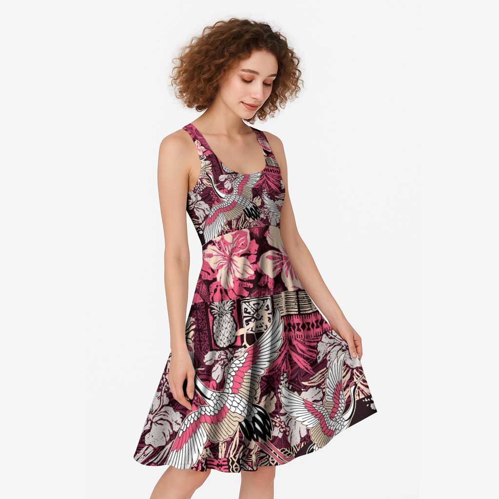 Japanese Hawaiian Crane Midi Dress Soft Pink Tapa Patchwork Pattern
