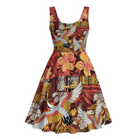 Japanese Hawaiian Crane Midi Dress Yellow Ochre Tapa Patchwork Pattern