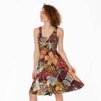 Japanese Hawaiian Crane Midi Dress Yellow Ochre Tapa Patchwork Pattern