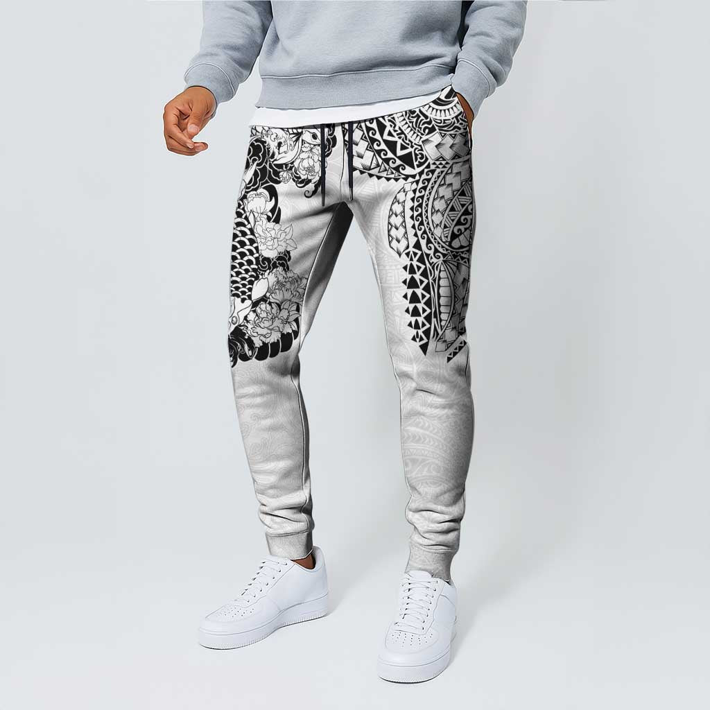 Japanese Irezumi and Hawaiian Polynesian Art Tattoo Jogger Pants White Color - Polynesian Pride
