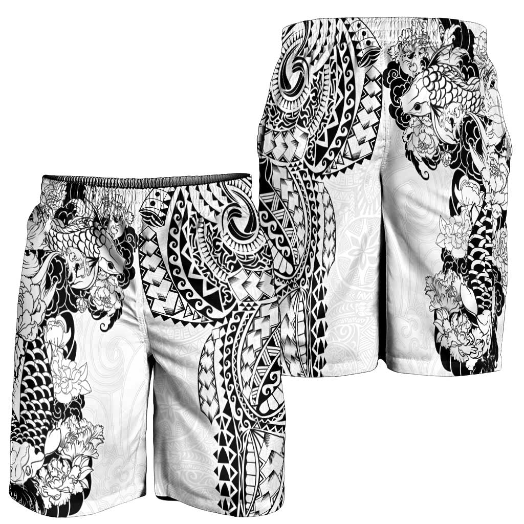 Japanese Irezumi and Hawaiian Polynesian Art Tattoo Shorts for Men White Color - Polynesian Pride