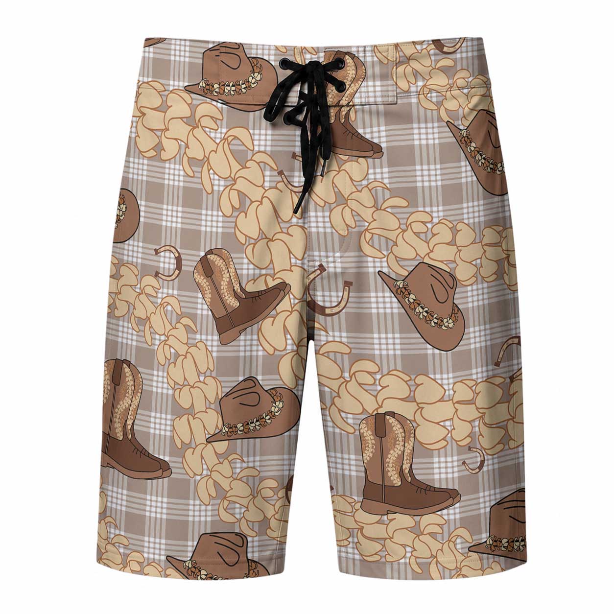 Khaki Palaka Hawaii Cowboy Board Shorts Puakenikeni Lei Paniolo Papale Seamless Vibes