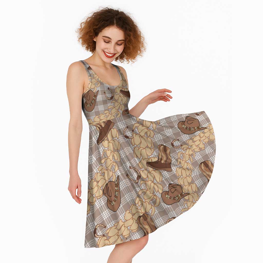 Khaki Palaka Hawaii Cowboy Midi Dress Puakenikeni Lei Paniolo Papale Seamless Vibes - Polynesian Pride